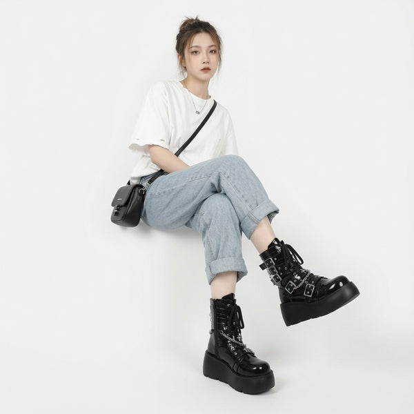 Y2K Hot Girl Thick Bottom Round Head Cross Cool Boots