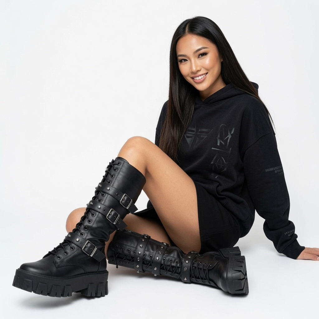 Women's Martin Boots Lace Up Combat Boot Mid Calf Platform Shoes Western Boots