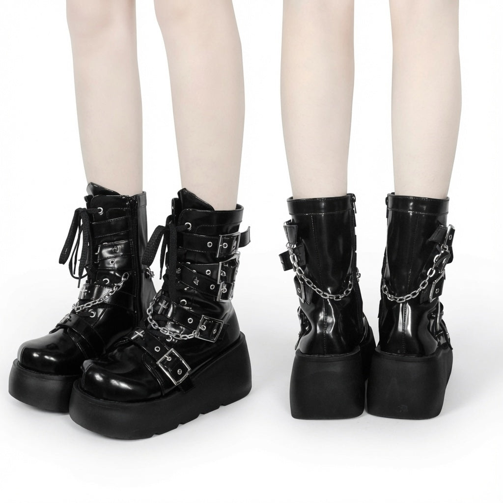 Y2K Hot Girl Thick Bottom Round Head Cross Cool Boots