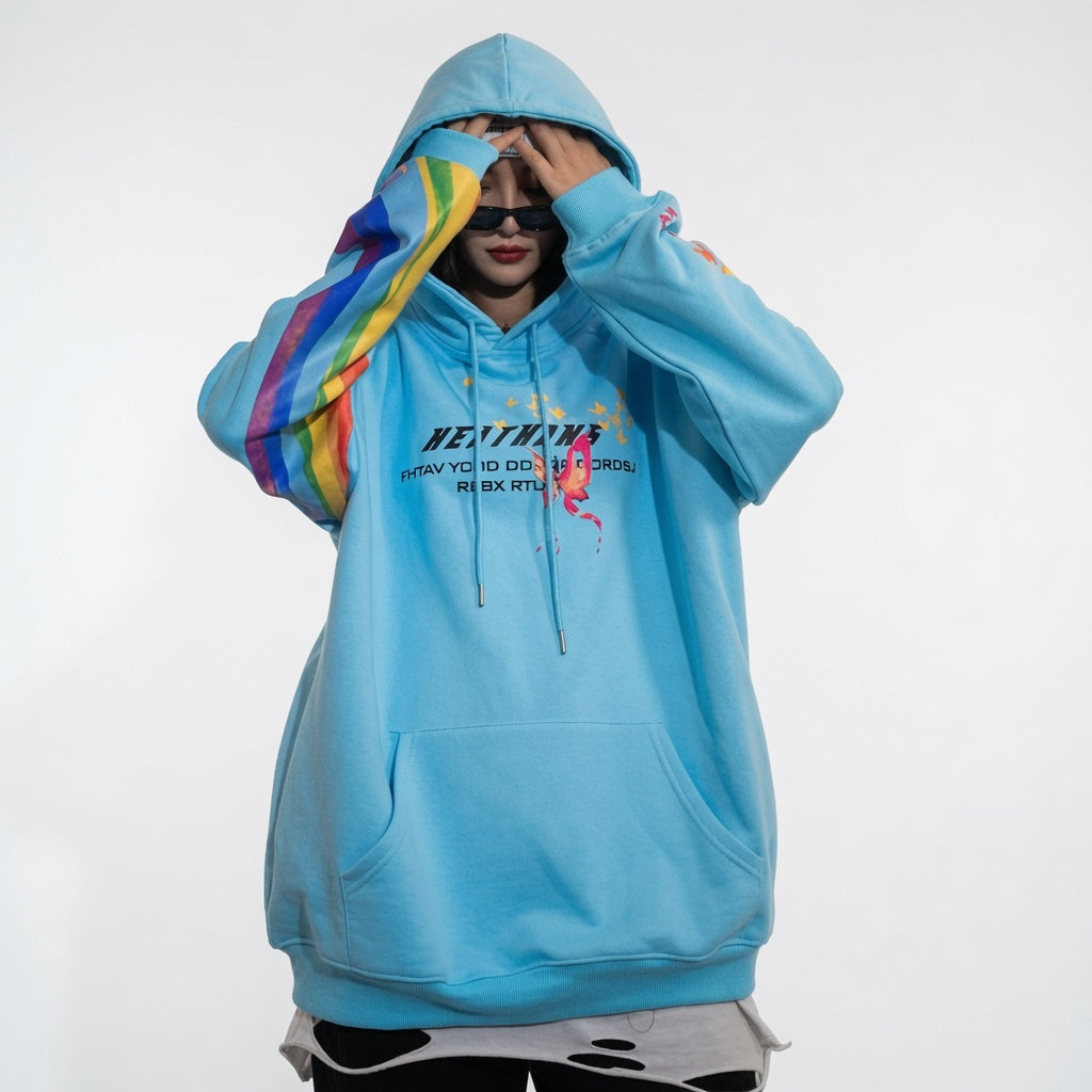 Hip Hop Rainbow Mens Streetwear Hoodie Sweatshirt Butterfly Print Pullover Cotton Casual Hooded Sweatshir Hipster Colorful