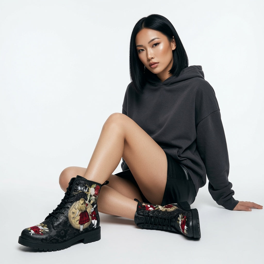 Gothic Print Vegan Leather Combat Boots