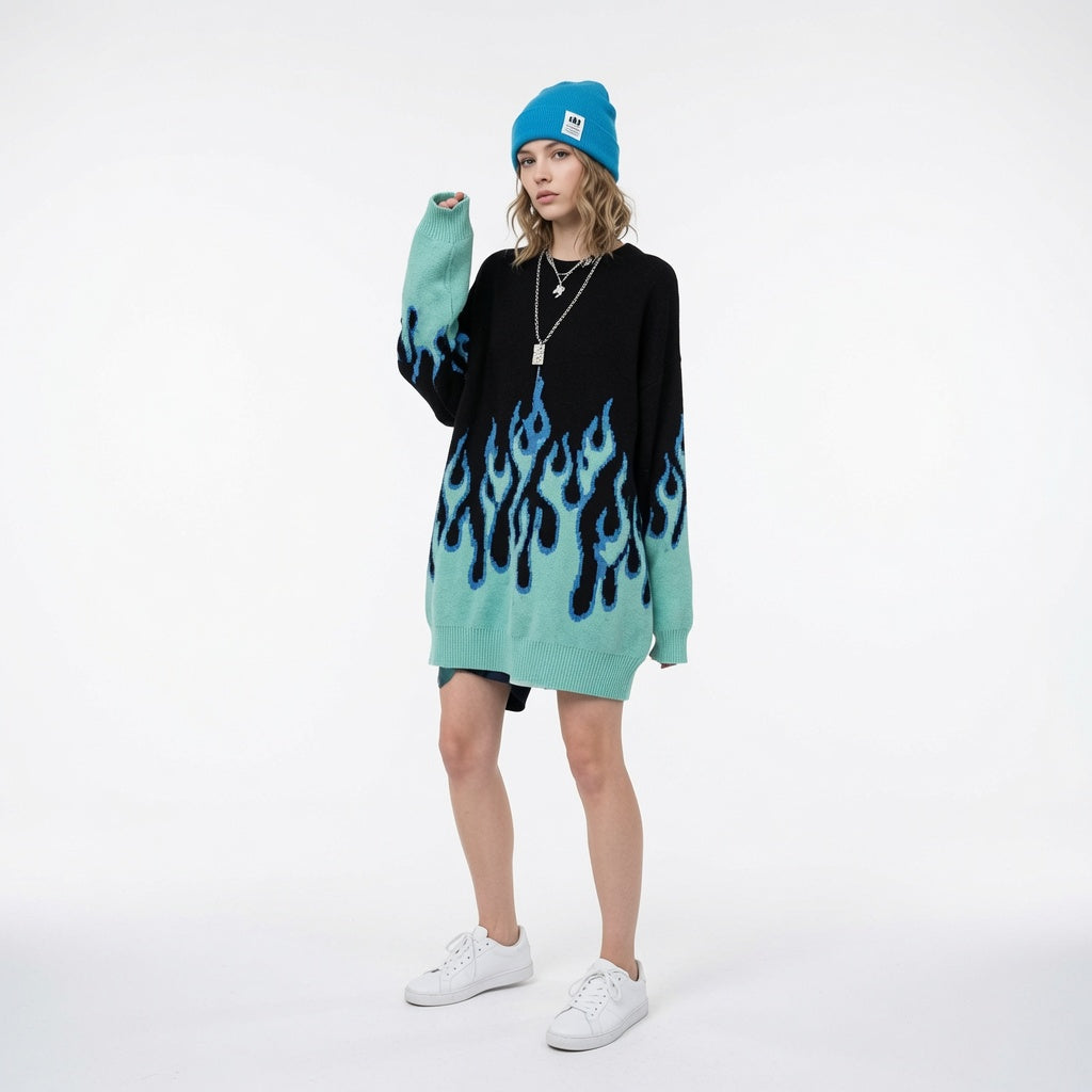 Sweater Men Streetwear Retro Flame Pattern Hip Hop