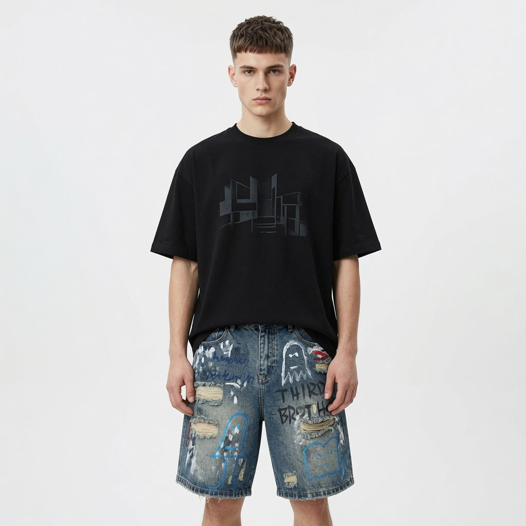 All-match Ripped Men's Jeans Shorts Trend Graffiti