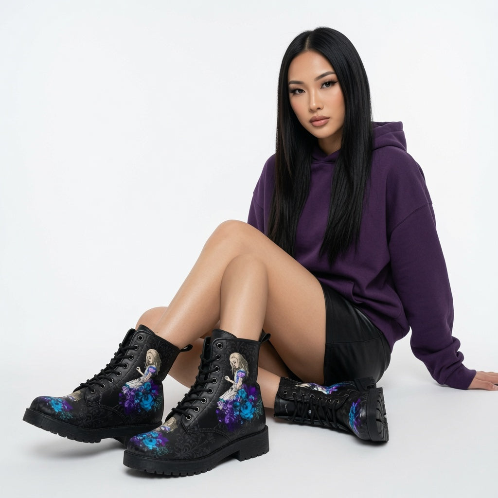Gothic Print Vegan Leather Combat Boots
