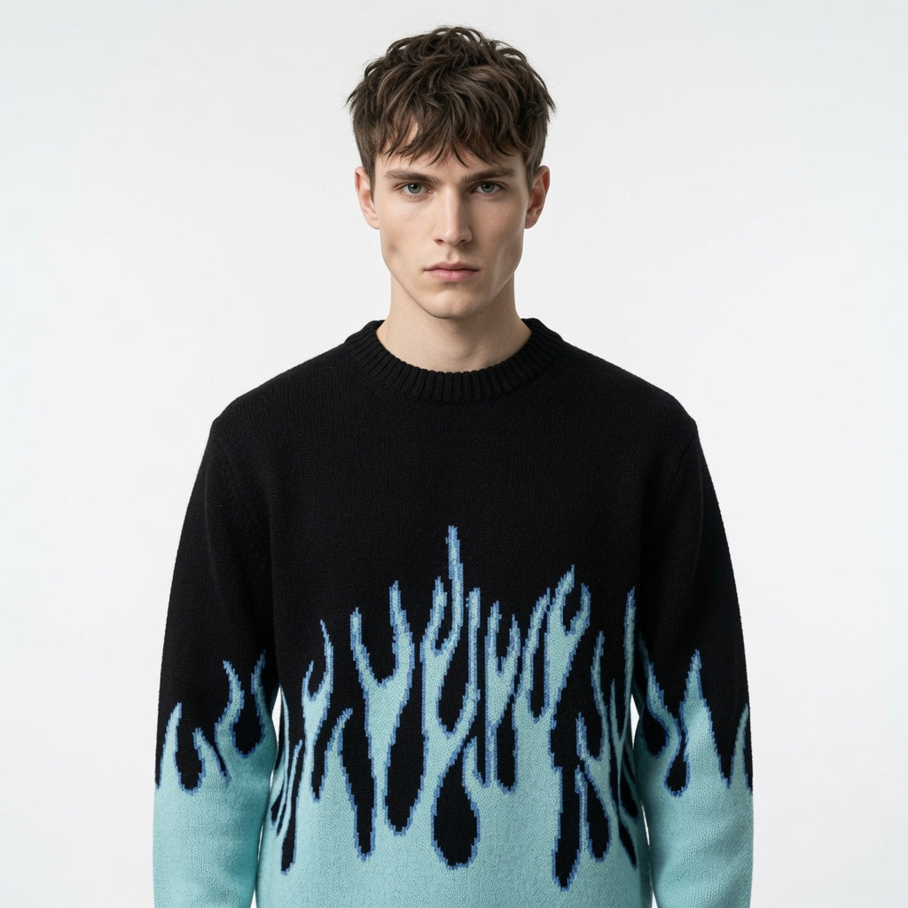 Sweater Men Streetwear Retro Flame Pattern Hip Hop