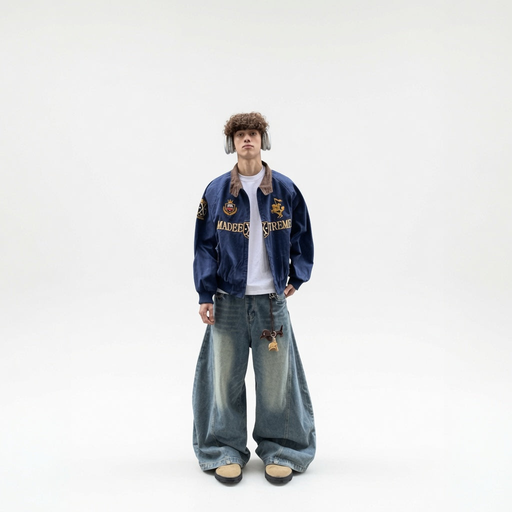 Streetwear Navy Blue Cropped Baseball Jacket