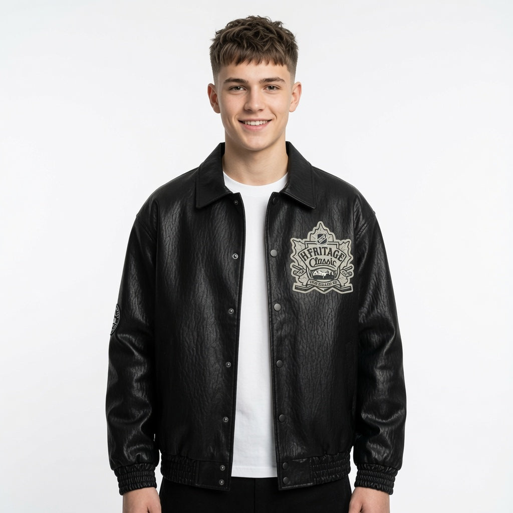 Cartoon Embroidered PU Leather Cotton Jacket Men