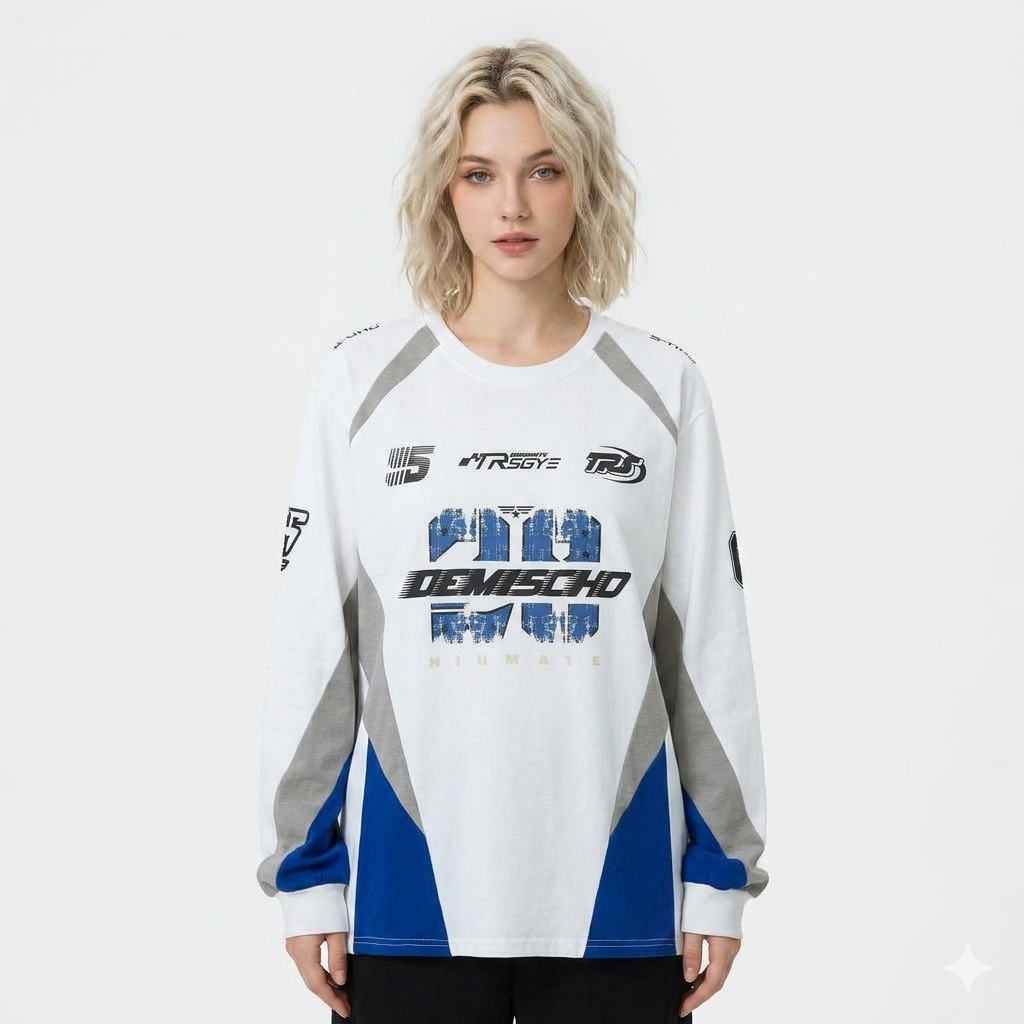 Racing Suit Locomotive Style Printing Color Contrast Long Sleeve T-shirt