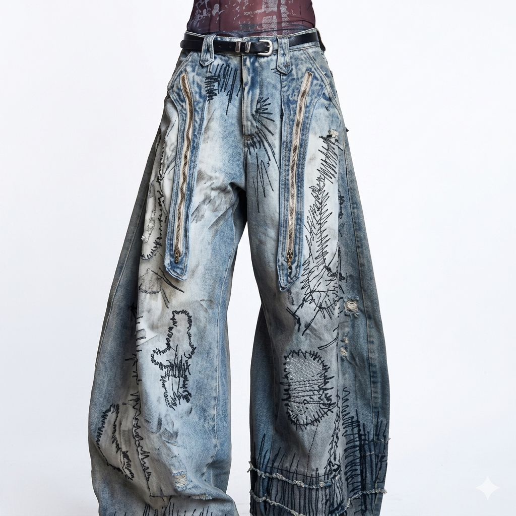 Plus Size Street Men's Random Needle Embroidery Stain Jeans