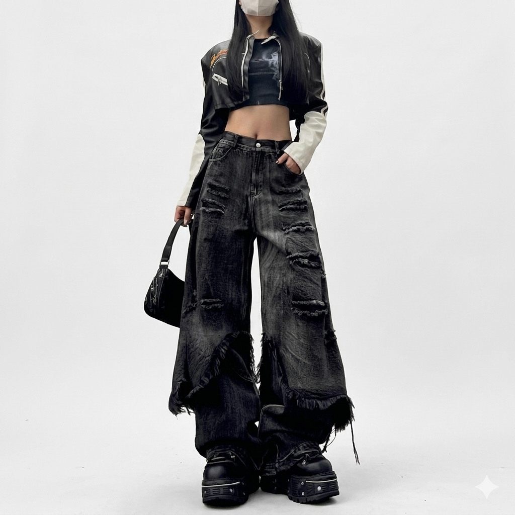 High Street Distressed Cargo Jeans Wide Leg Trousers