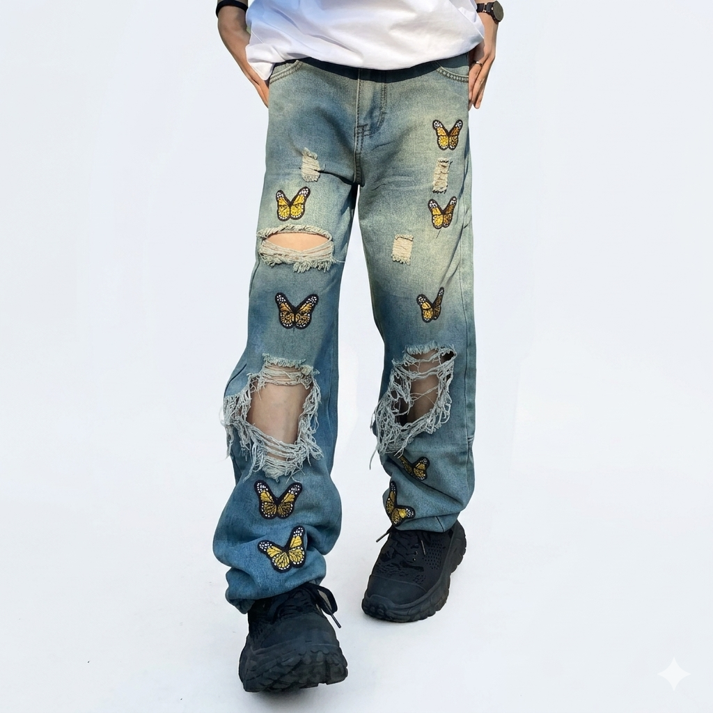 Butterfly Embroidered Torn Jeans For Men