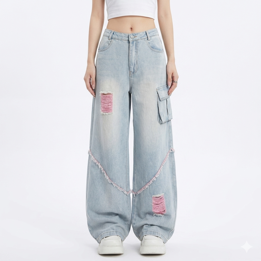 Ripped Cargo Jeans Women's High Waist Baggy Straight Trousers